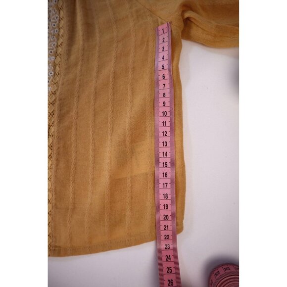 American Eagle Embroidered Mustard Yellow Peasant Blouse With Tassel Tie Neck S - Picture 11 of 12